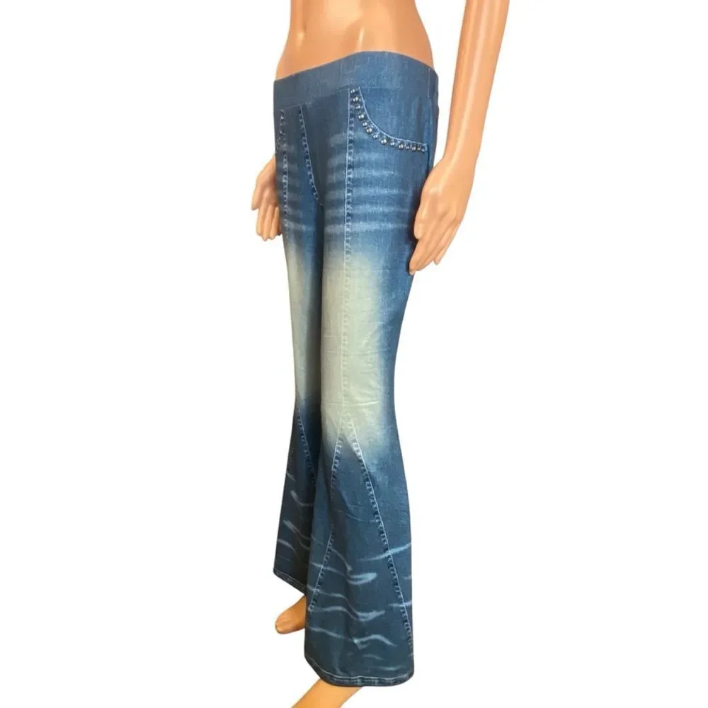 Shein Curve Wide Leg Pant Jean Print Faux Distressed Pattern High Waist Size OXL